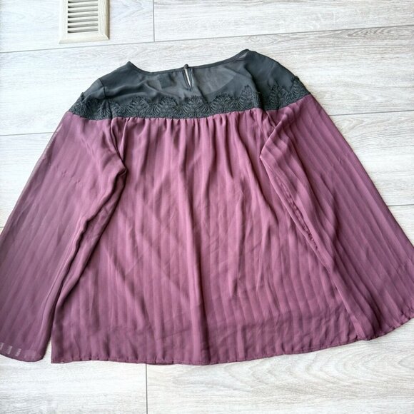 Torrid Black Purple Pleated Chiffon Lace Applique Bell Sleeve Blouse - Picture 12 of 16